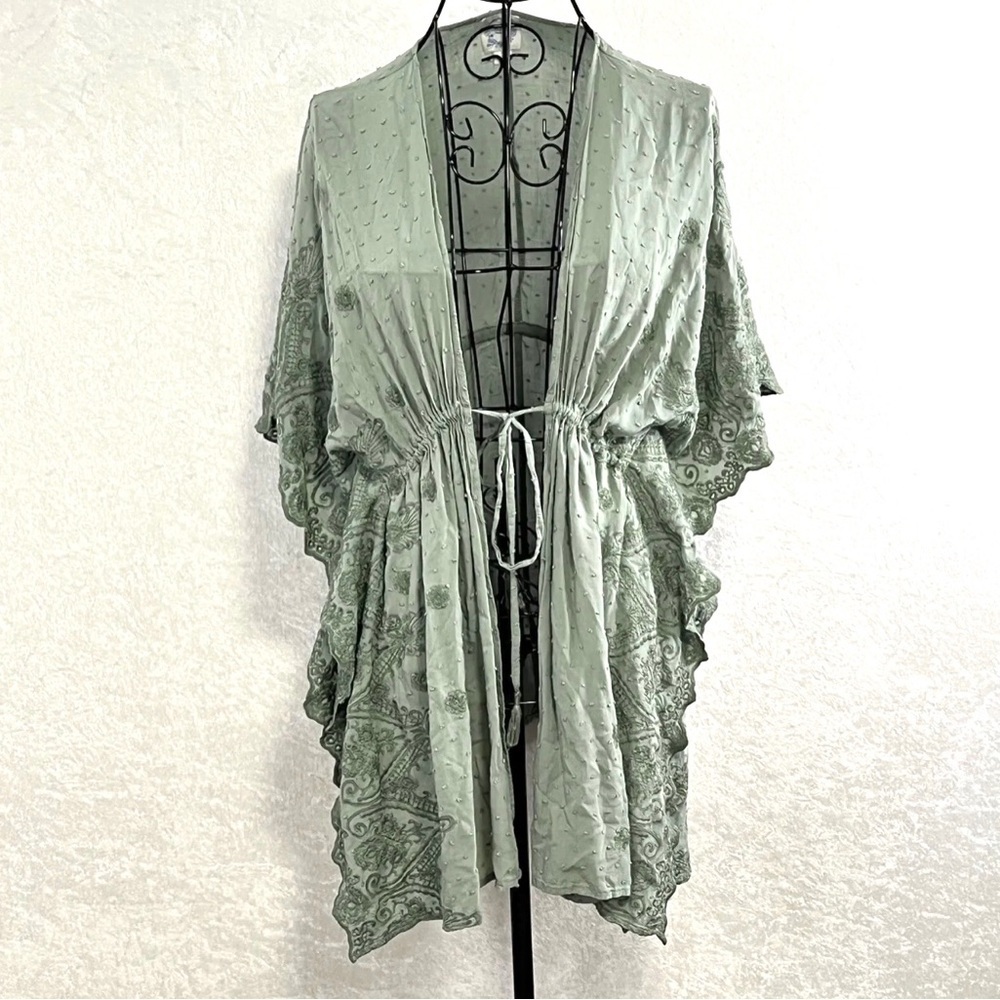BLUE RAIN‎ Swim Coverup Kimono Cardigan Sz S Green Embroidery Beachy Boho Cruise
